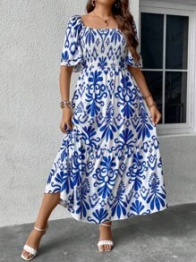 Breezaya Vestido con estampado de cuello cuadrado de manga mariposa bajo con fruncido - Azul y blanco - Ver 3