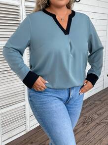 EMERY ROSE Plus Contrast Trim Notched Neckline Blouse - Green - View 4