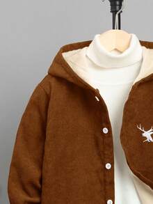 SHEIN 青少年男孩1件溫熱連帽衫,鹿刺繡加厚保暖內裡 - 卡其色 - 查看 4