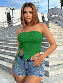 SHEIN SXY Bên dây rút Viền chia cắt Ống ngọn - màu xanh lá - Xem 5