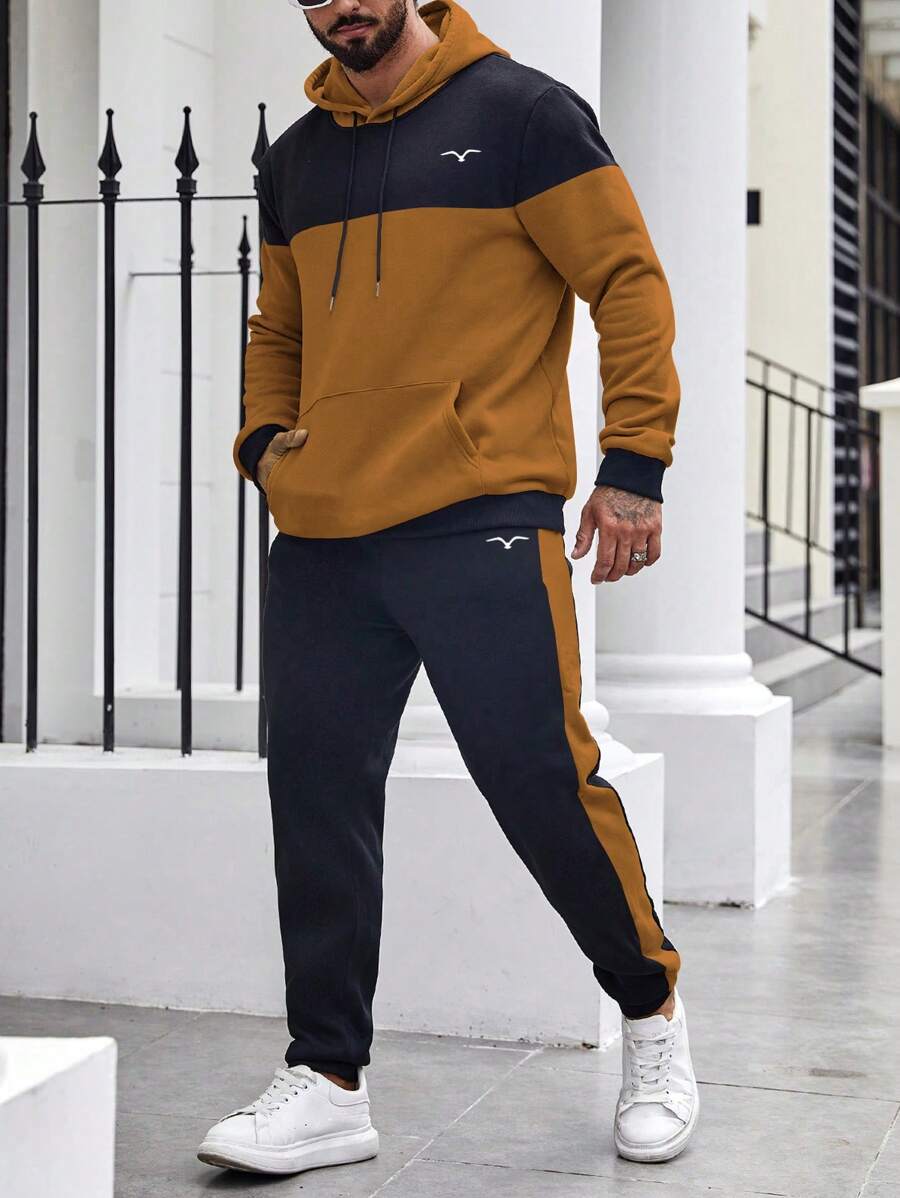 Manfinity Homme 男士拼色連帽衫和運動長褲套裝 - 棕色 - 查看 1