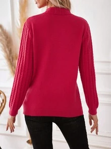 SHEIN Privé Solid Color Waffle Knit Sweater - Hot Pink - View 2