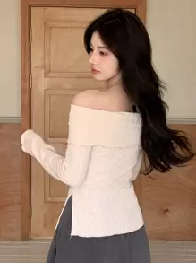 DAZY Camiseta de manga larga con hombros descubiertos y ribete de lechuga, ropa de otoño, ropa de vuelta al colegio para mujeres