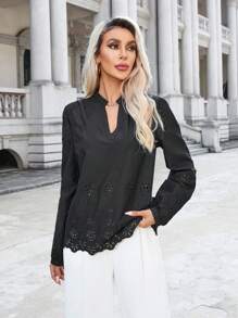Aveloria 秋季休闲纯色随机镂空刺绣缺口领长袖衬衫 - 黑色 - 查看 6