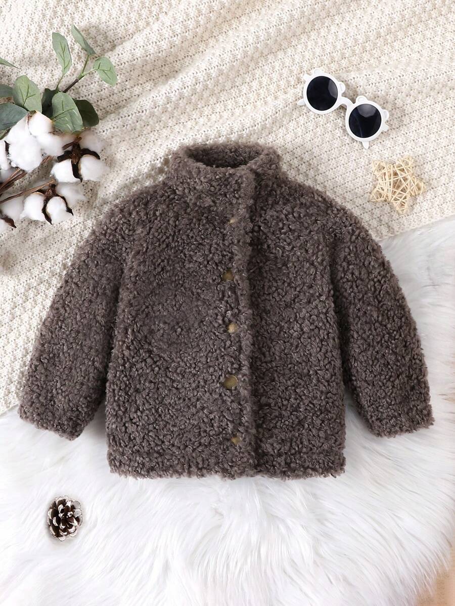Baby Girls' Teddy Coat With Button-front Closure - Grey - View 1