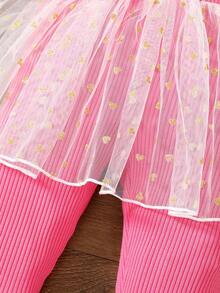 SHEIN Young Girl Contrast Mesh Lettuce Hem 2 In 1 Pants - Pink - View 5