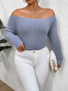 SHEIN Clasi 女士加大码露肩针织套头毛衣秋冬毛衣 - 藍色 - 查看 5