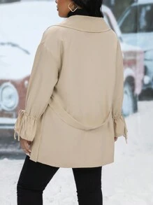 Calvaya Hơn Đôi ngực tay áo lá sen Thắt lưng Áo khoác Trench - Màu Khaki - Xem 2