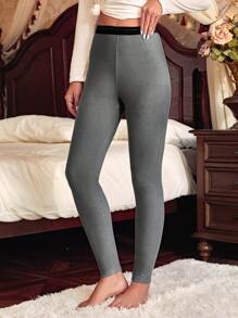 Pantalones largos térmicos de mujer de color gris oscuro liso con estiramiento medio y ribete de contraste - Gris Oscuro - Ver 4