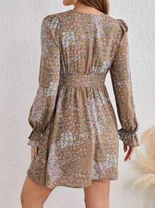 SHEIN Frenchy Ditsy Floral Print Flounce Sleeve Ruched Waist Dress Winter Vacation Brown Flower Beach - Mocha Brown - View 2