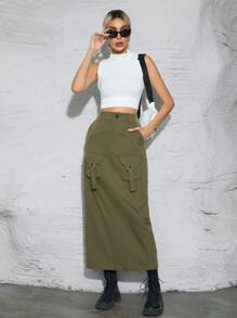 SHEIN Essnce 女士純色拼接口袋後分裂中長款裙子 - 軍綠色 - 查看 1