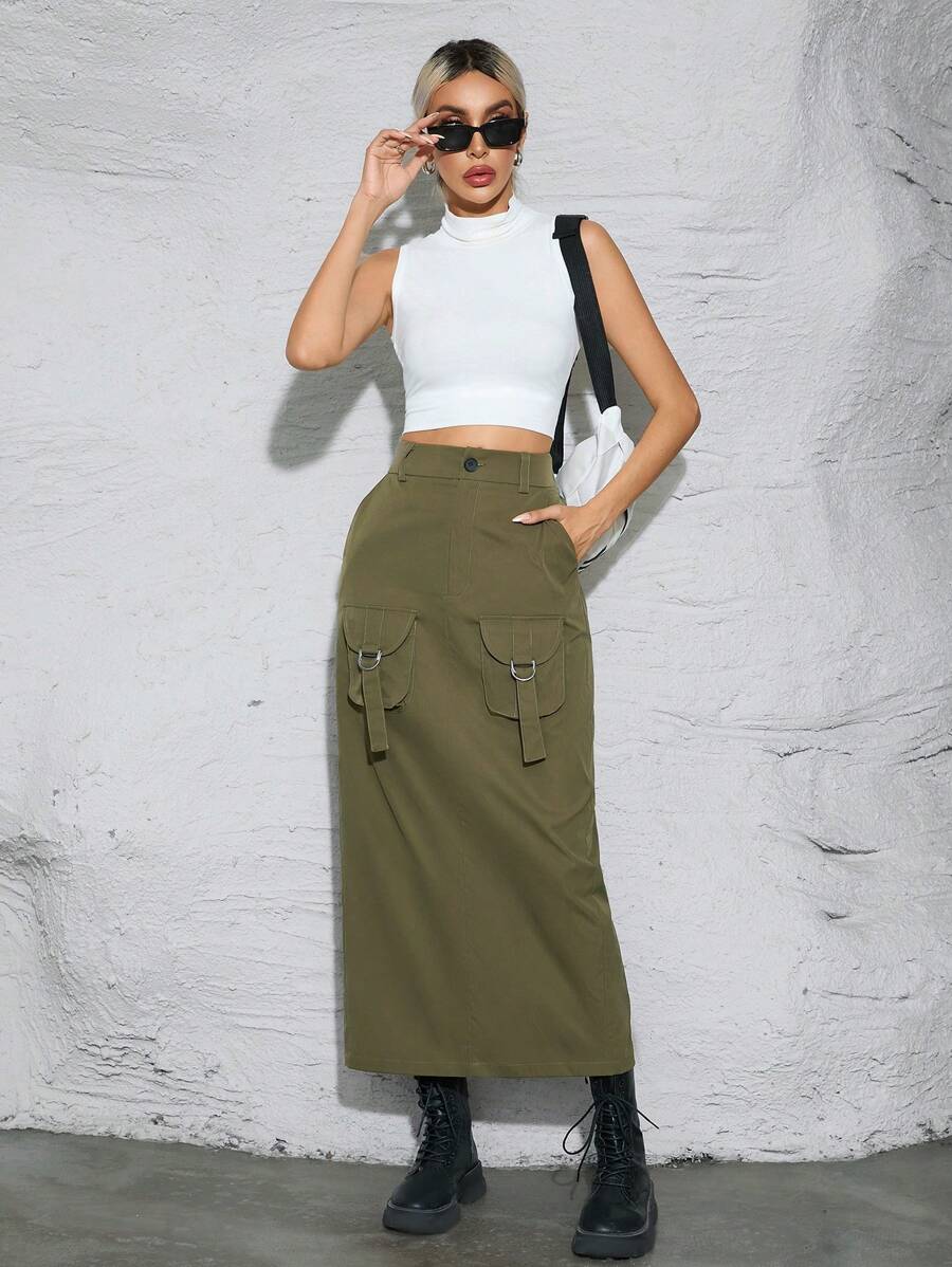 SHEIN Essnce 女士純色拼接口袋後分裂中長款裙子 - 軍綠色 - 查看 1