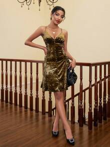 GENKIRA 純色無袖按扣裝飾時尚肩帶連衣裙 - 綠色 - 查看 3