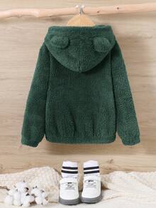 SHEIN Young Boy Zip Up 3D Ears Design Hooded Teddy Jacket Without Tee - Dark Green - View 6