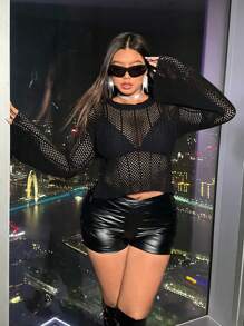 SHEIN ICON Plus Size Hollow Out Knitted Bell Sleeve Sweater - Black - View 4