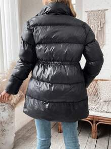 SHEIN LUNE Áo khoác đệm lưng có dây rút cho nữ mùa đông - màu đen - Xem 2