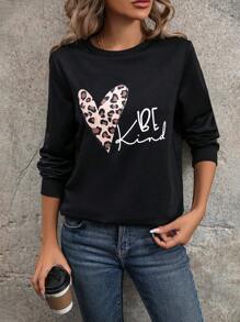 SHEIN LUNE Women's Leopard Print Heart Pattern Long Sleeve Sweatshirt - Black - View 1