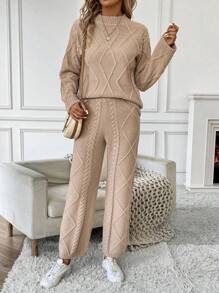 Pariaura Cable Knit Drop Shoulder Sweater & Knit Pants - Khaki - View 4