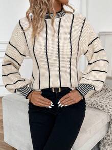 SHEIN Essnce Mẫu sọc Thả vai Áo len - Màu be - Xem 3