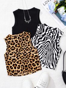 3pcs Young Girl Vintage And Simple Knitted Sleeveless Tank Top For Street Fashion - Black - View 2