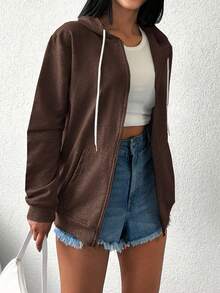 EURMUSE Solid Color Drawstring Zip-up Hoodie - Brown - View 3
