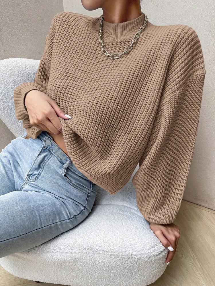 Knitted Sweater With Half High Collar And Drop Shoulder Design,Long Sleeve Tops Fall Winter