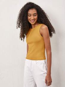 SHEIN BASICS Camiseta sin mangas casual de color liso con cuello redondo y textura acanalada para mujer, verano - Mostaza Amarilla - Ver 7