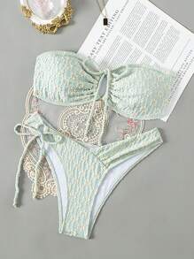 Swim Mod Letni plażowy komplet bikini typu bandeau z kwiatowym, żakardowym sznurkiem