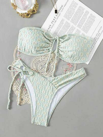 Swim Mod 夏季海灘花卉提花束腰比基尼套裝