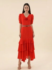 SHEIN Privé 3D Flower Patched Ruched Puff Sleeve Layer Hem Dress Without Belt - Red - View 6