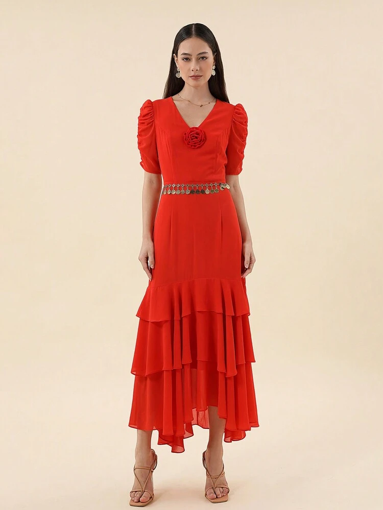 3D Flower Patched Ruched Puff Sleeve Layer Hem Dress Without Belt