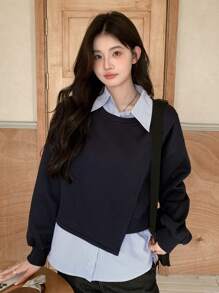 Dazy Star 女式長袖不對稱下擺運動衫 - 藏蓝色 - 查看 1