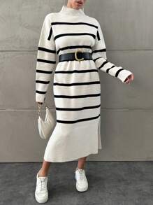 EURMUSE Women's Striped Drop Shoulder Sweater Dress - Black and White - View 4