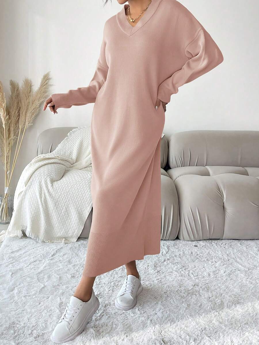 EURMUSE Màu thuần Thả vai Cổ chữ V Đầm Áo len - Bụi hồng - Xem 1
