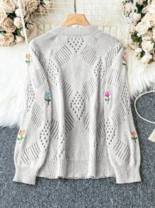 Calvaya Áo len cỡ lớn thêu hoa khoét lỗ, áo chui đầu dệt kim, áo len mùa thu đông. - Màu Xám nhạt - Xem 2