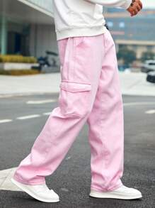 Manfinity Homme 男士宽松纯色牛仔裤，带口袋，纯色长款水洗宽松工装浅粉色工装牛仔裤，适合丈夫、男朋友的礼物 - 淺粉色 - 查看 3