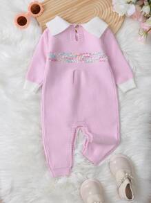 Baby Girl Contrast Collar and Cuff Knit Jumpsuit