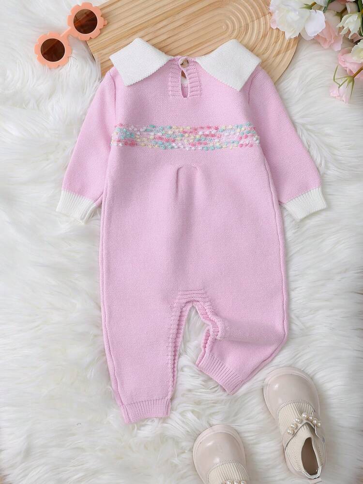 Baby Girl Contrast Collar and Cuff Knit Jumpsuit