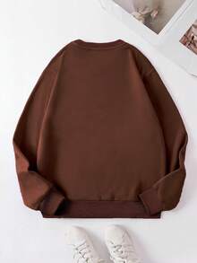 SHEIN EZwear 文字印花圓領休閒時尚運動衫 - 咖啡棕 - 查看 2