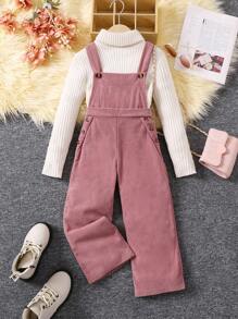 SHEIN Nhỏ bé Cô gái Màu thuần Vải to sợi Nút Trang trí Áo liền quần - màu nâu - Xem 1