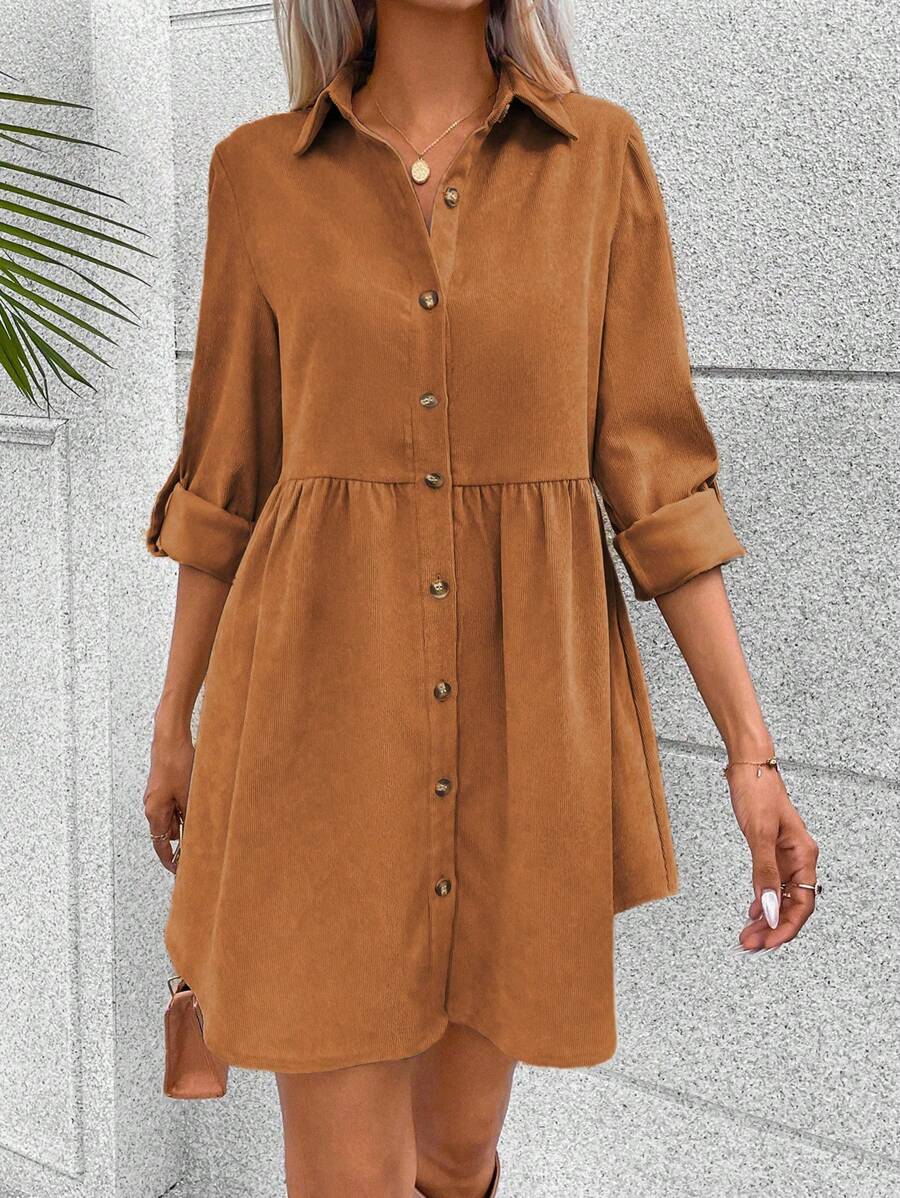 SHEIN VCAY Tay áo cuộn lên Váy sơ mi - Màu vàng - Xem 1