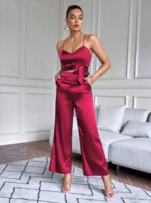 SHEIN BIZwear Top De Camiseta Sólido Y Pantalones De Pierna Ancha - Rosa Fucsia - Ver 1