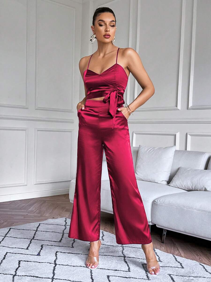 SHEIN BIZwear Top De Camiseta Sólido Y Pantalones De Pierna Ancha - Rosa Fucsia - Ver 1