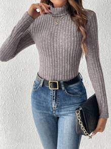 SHEIN Essnce Áo thun nữ Gân đan màu trơn Giải trí - Màu Xám nhạt - Xem 6