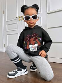 SHEIN 适合秋冬季穿着的少女休闲印花长袖卫衣 - 黑色 - 查看 6