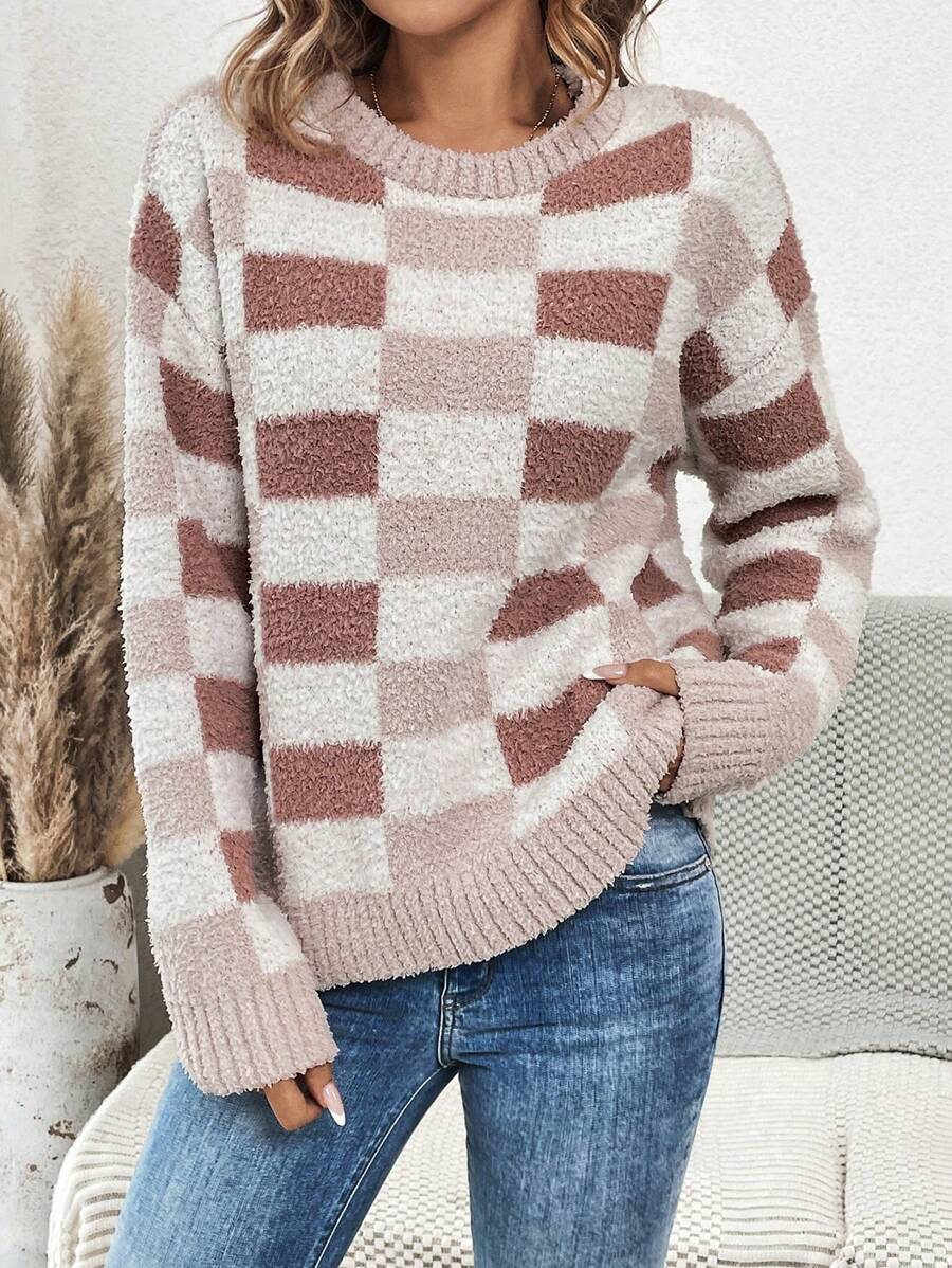 SHEIN LUNE Plaid Pattern Drop Shoulder Knit Pullover Fall Winter Sweater - White - View 1