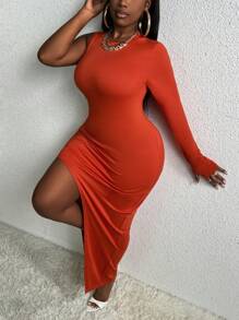 Slaydiva Hơn Một bờ vai Viền không đối xứng Váy bodycon - màu nâu - Xem 2