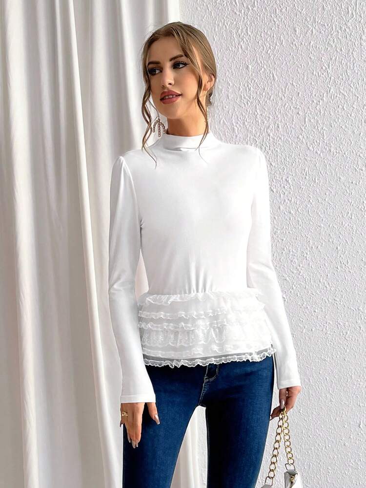 Women's Mesh Fabric & Frill Hem Detail Patchwork T-shirt