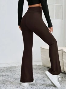 SHEIN PETITE Wrap Waist Flared Long Pants - Coffee Brown - View 2