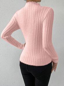 SHEIN Essnce 立領純色套頭毛衣 - 粉色 - 查看 2